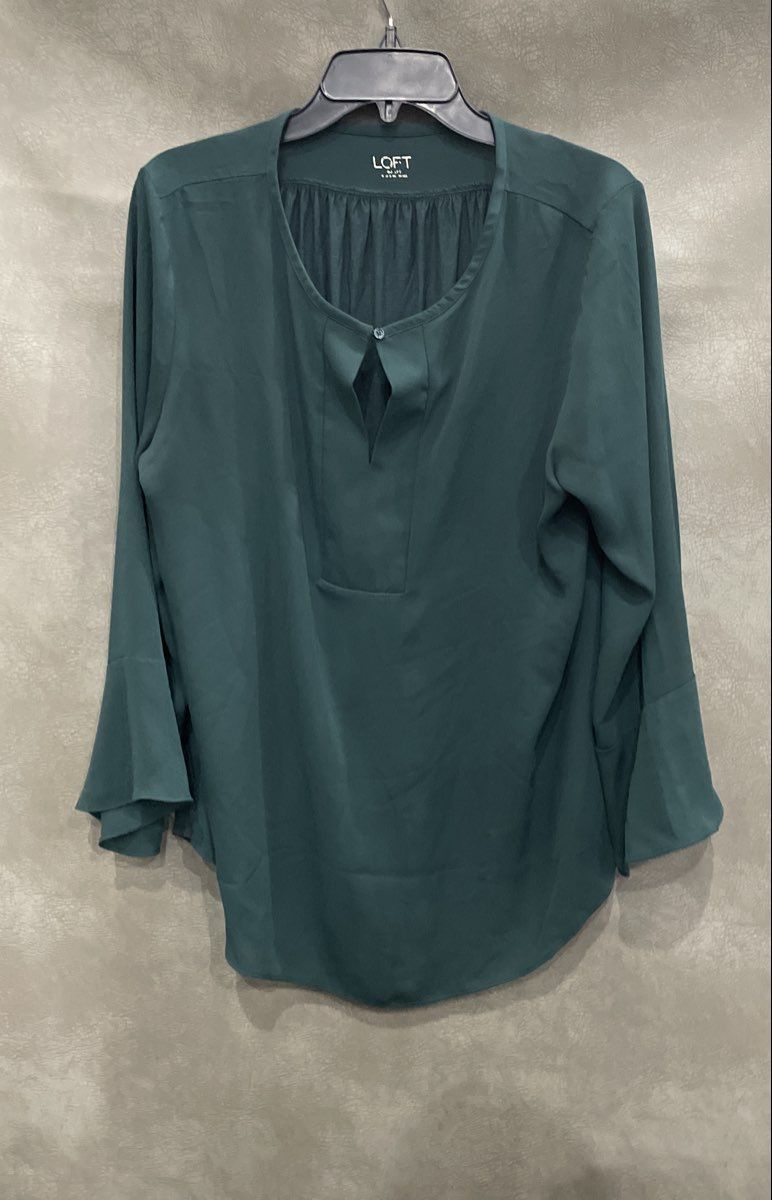 LOFT Women's Dark Green Split Neck Bell Sleeve Mixed Media Blouse Size M