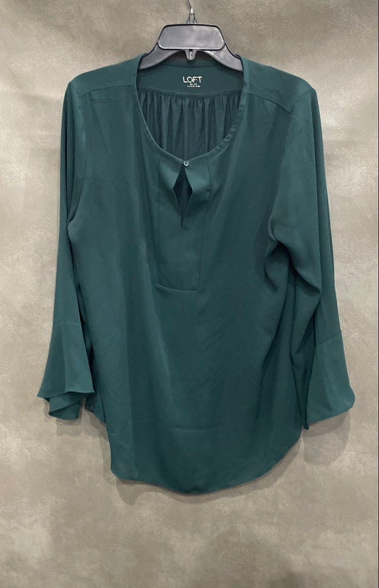 LOFT Women's Dark Green Split Neck Bell Sleeve Mixed Media Blouse Size M