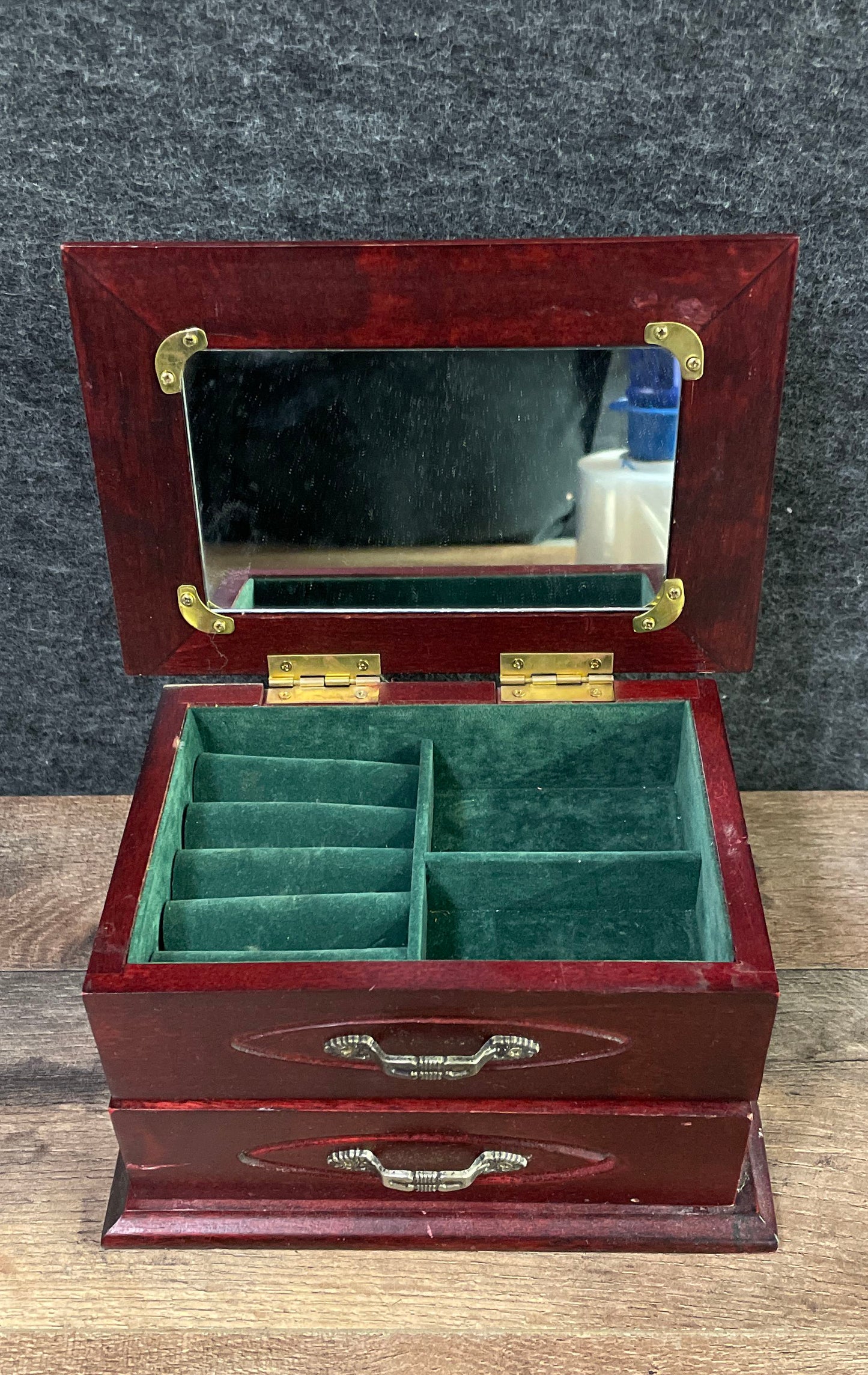 Vintage Wood Jewelry Box Tapestry Needlepoint Top Lid 2 Drawers Ring Holder