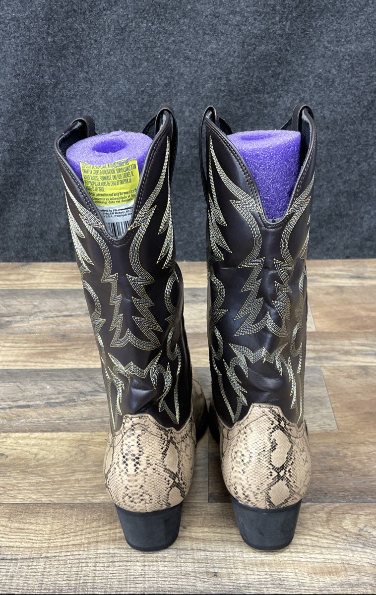 Faux Rattlesnake Print Western Cowboy Boots Gold Toe Tips Brown Size 40