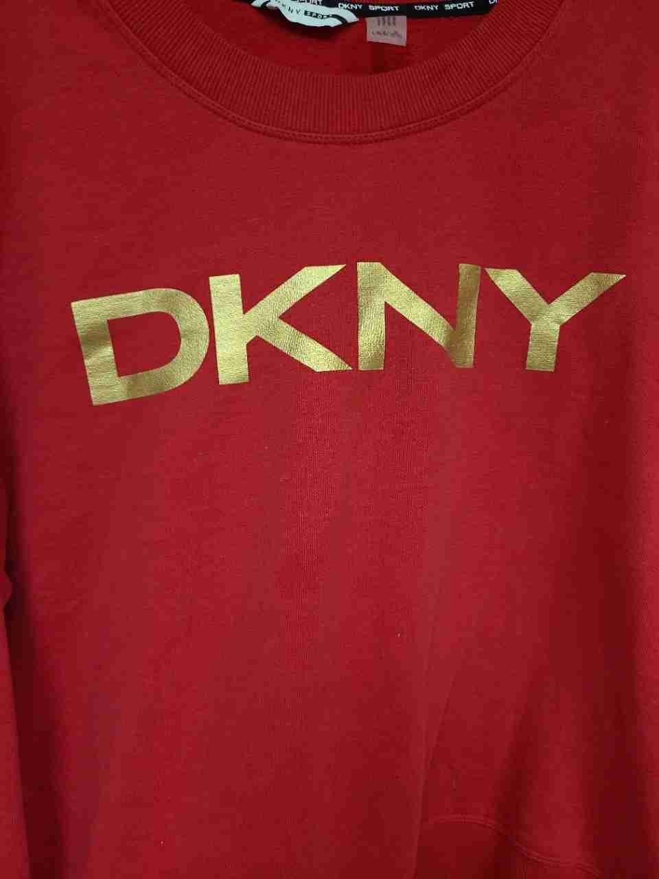 DKNY Sport Women's Red Gold Foil Logo Pullover Cropped Sweatshirt Sz L