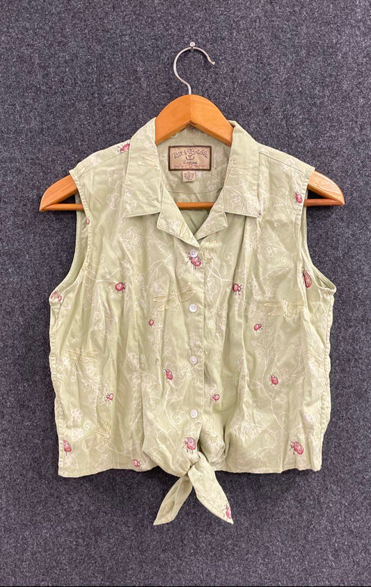 Bit & Bridle Women's Blouse Green Ladybug Dragonfly Print Tie Front Y2K XL