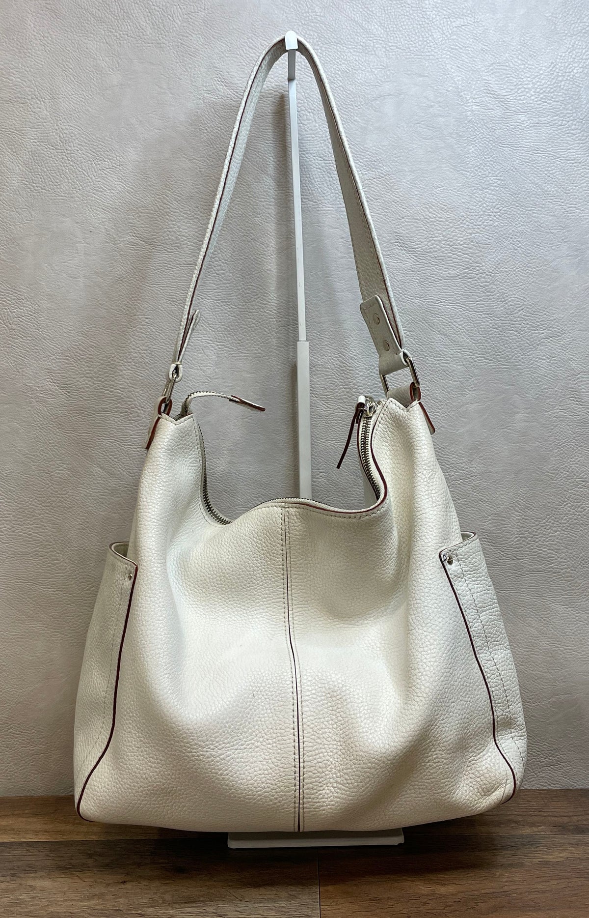 Kate Spade White Pebbled Leather Shoulder Bag Hobo Purse Green Polka Dot Lining