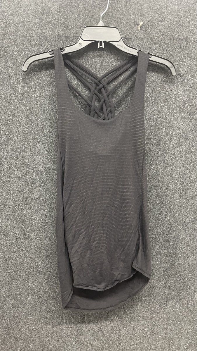 Lululemon Women's Wild Tank Top Black Gray Striped Strappy Criss Cross Sz 6
