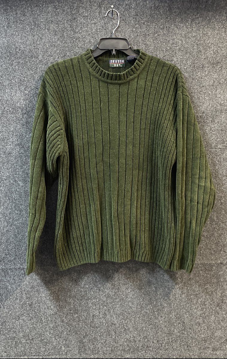 Vintage 90s Trader Bay Men's Green Chenille Ribbed Crewneck Sweater Size L