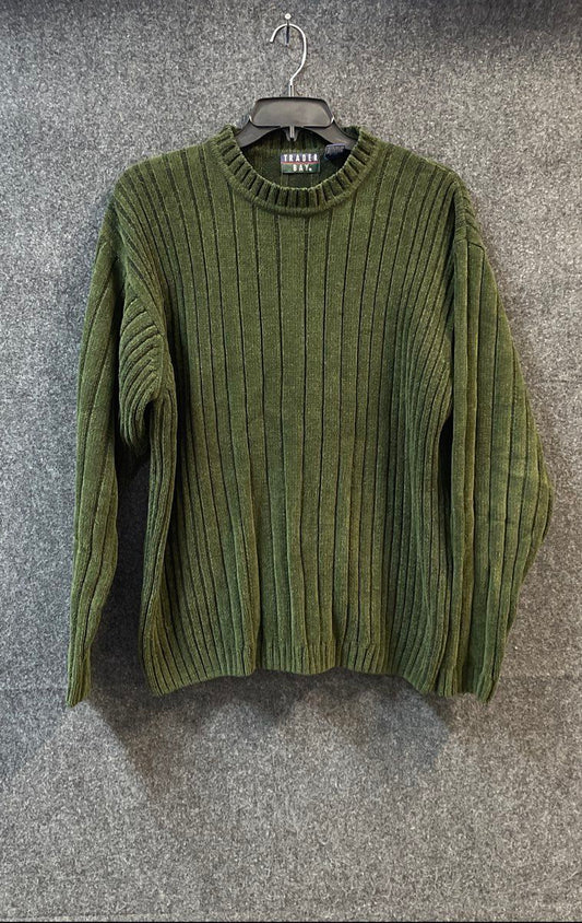 Vintage 90s Trader Bay Men's Green Chenille Ribbed Crewneck Sweater Size L