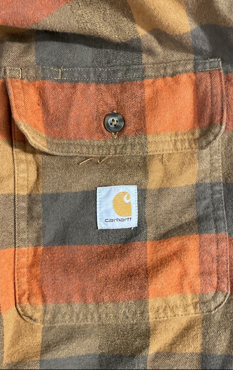 Carhartt Men's Orange Brown Plaid Loose Fit Heavyweight Flannel Shirt Sz XL