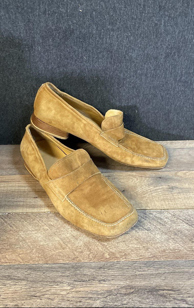 Via Spiga Tan Suede Square Toe Penny Loafers Made in Italy Size 10.5