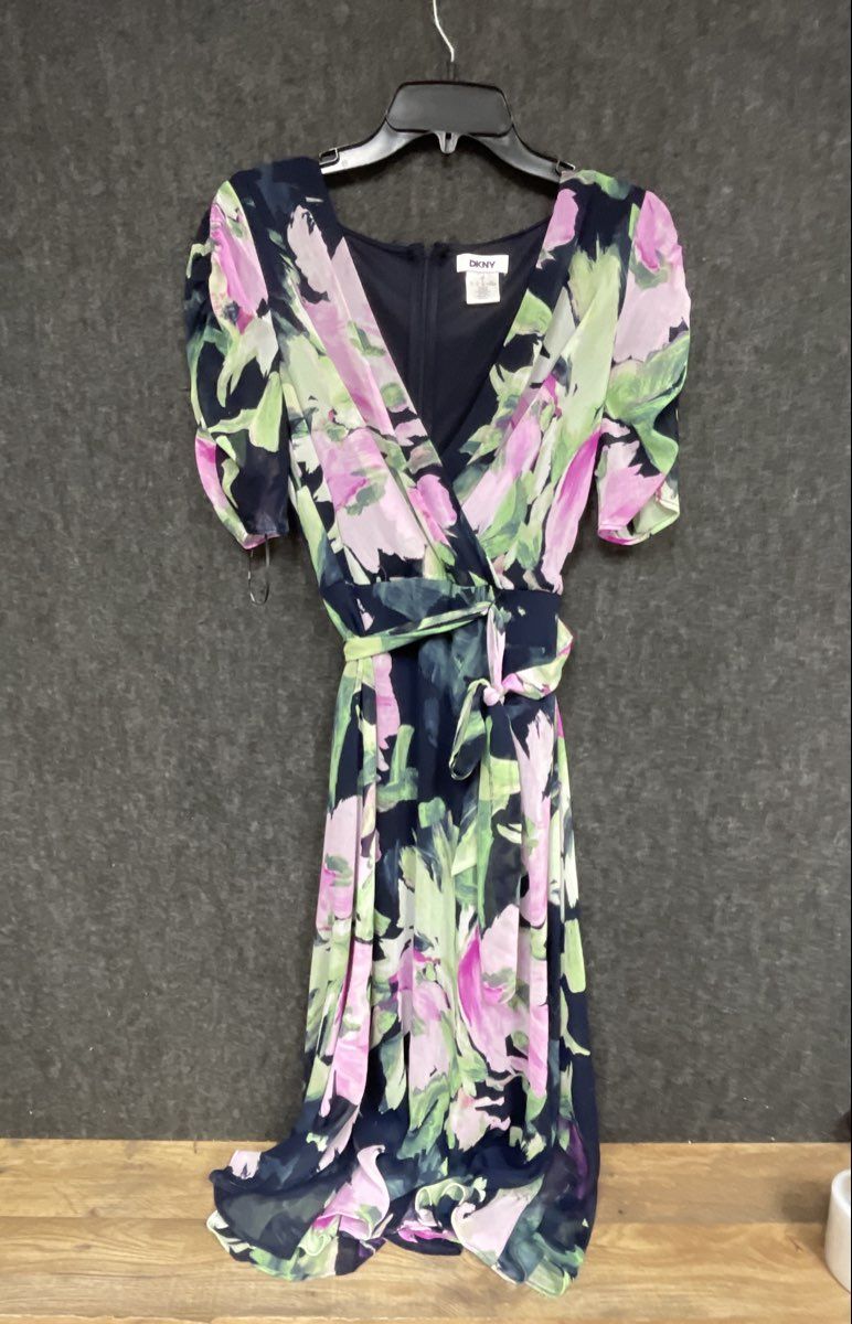 DKNY Women's Navy Blue Pink Floral Faux Wrap V-Neck Short Sleeve Dress Sz 4