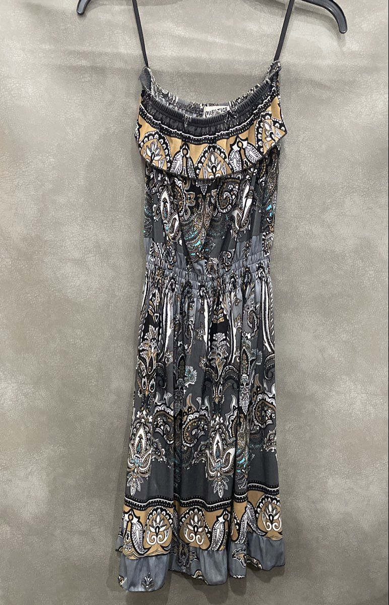 Prestige Women's Grey Paisley Geometric Smocked Waist Ruffle Dress Sz S