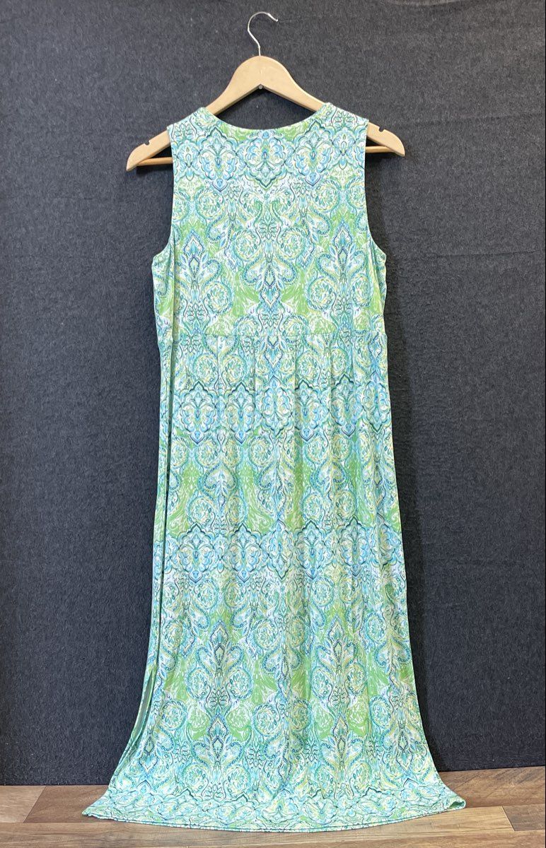 J. Jill Women's Paisley Sleeveless Maxi Dress Green Blue Rayon Spandex Sz S P
