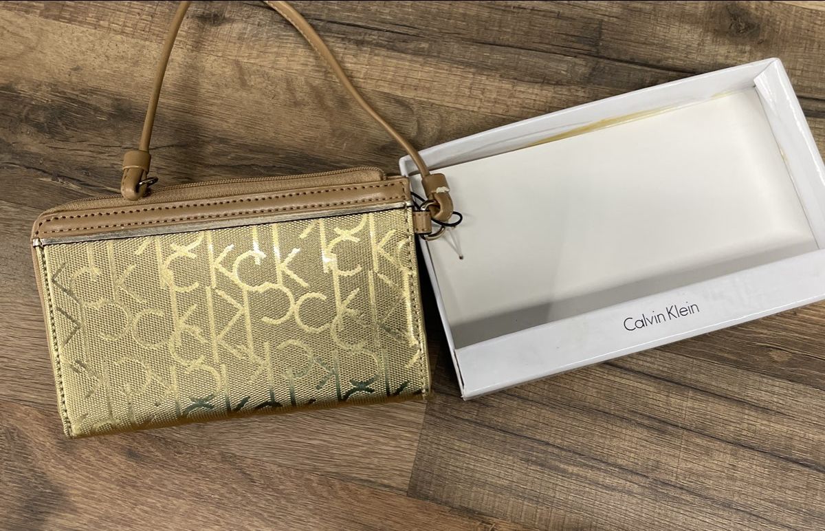 Calvin Klein Gold Metallic Monogram CK Logo Wristlet Wallet NWT In Box