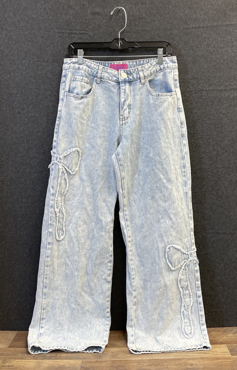 Telepatia Women's Light Wash Raw Hem Bow Wide Leg Denim Jeans Sz 11/30