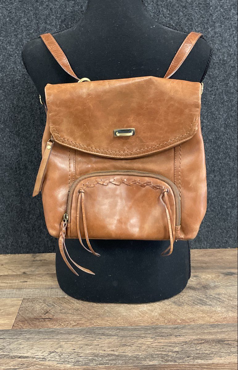 Diba True Cognac Brown Leather Flap Backpack Purse Whipstitch Boho Bag