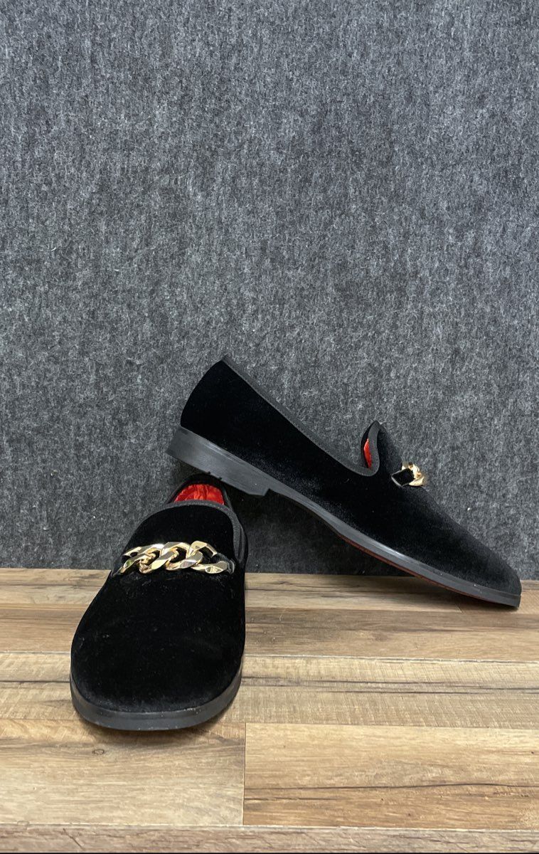 FOEVTRUE Black Velvet Gold Chain Slip-On Loafers Dress Shoes Size 44 US 10.5-11
