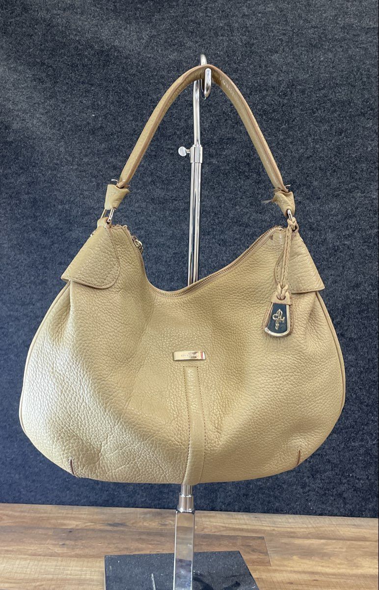 Cole Haan Tan Beige Pebbled Leather Hobo Shoulder Bag Silver Hardware