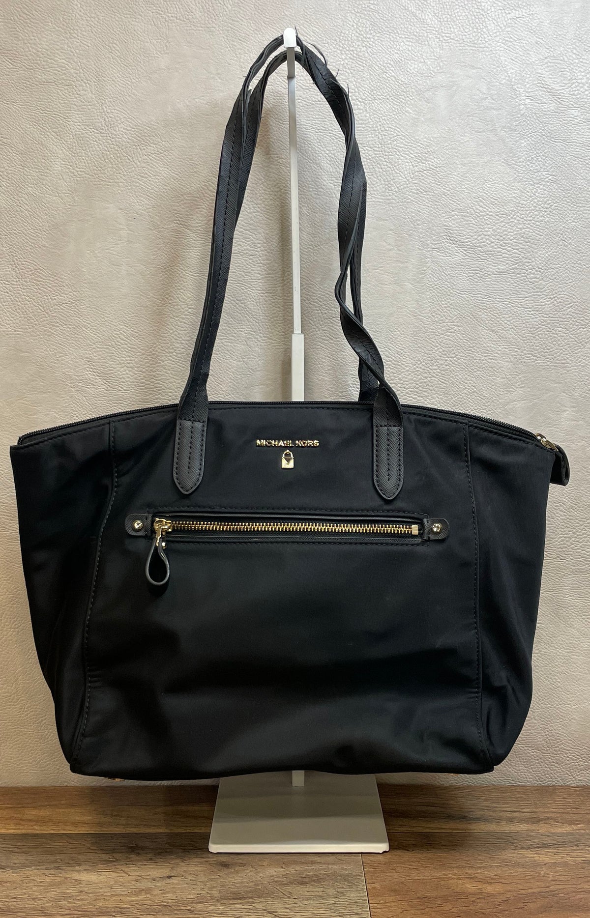 Michael Kors Black Nylon Tote Bag Gold Hardware Leather Trim Shoulder Purse