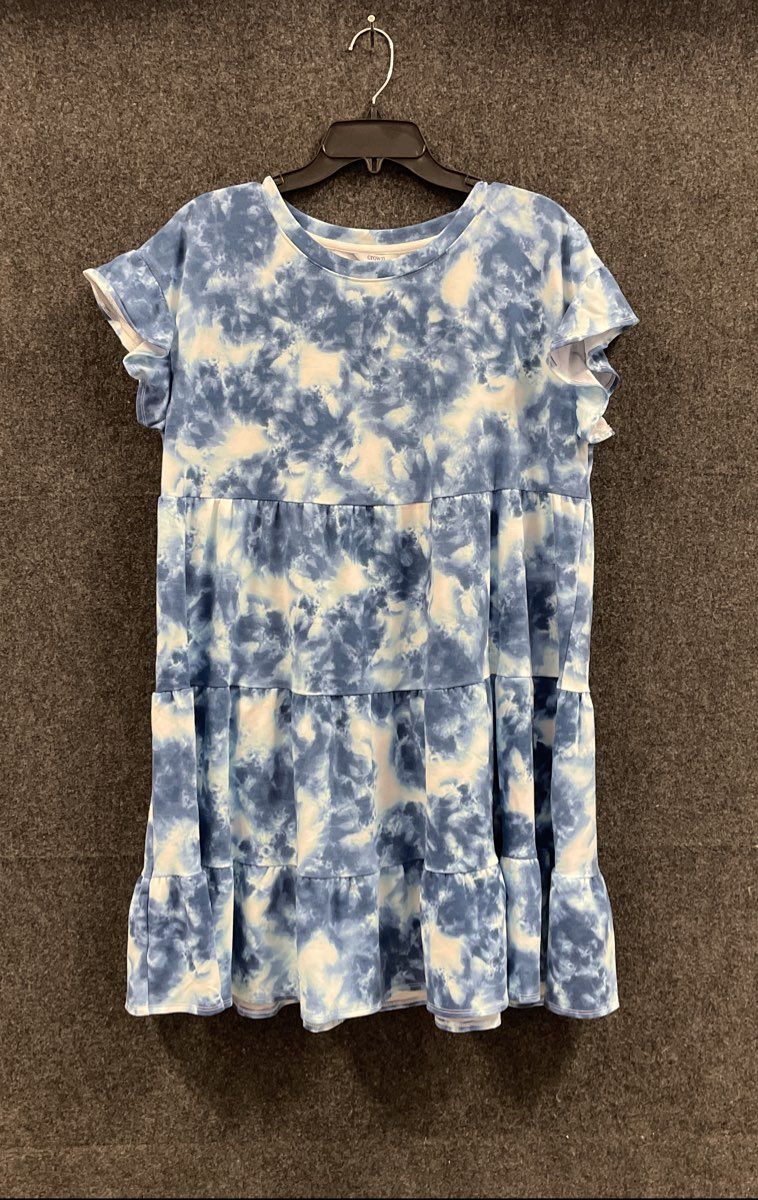 Crown & Ivy Women's Blue White Tie Dye Tiered Baby Terry Dress NWT Sz XL