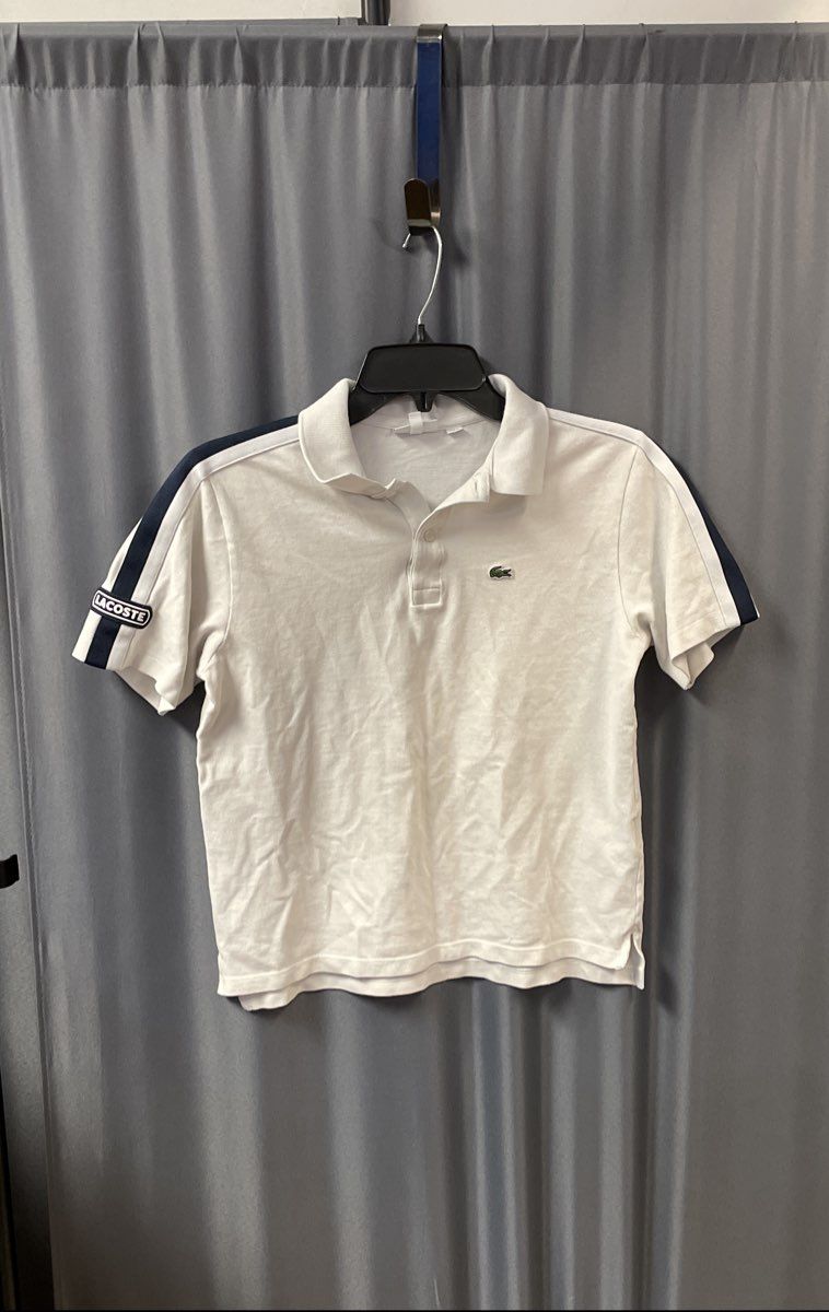 Lacoste Boys White Cotton Pique Polo Shirt Navy Blue Shoulder Stripe Logo Sz 14