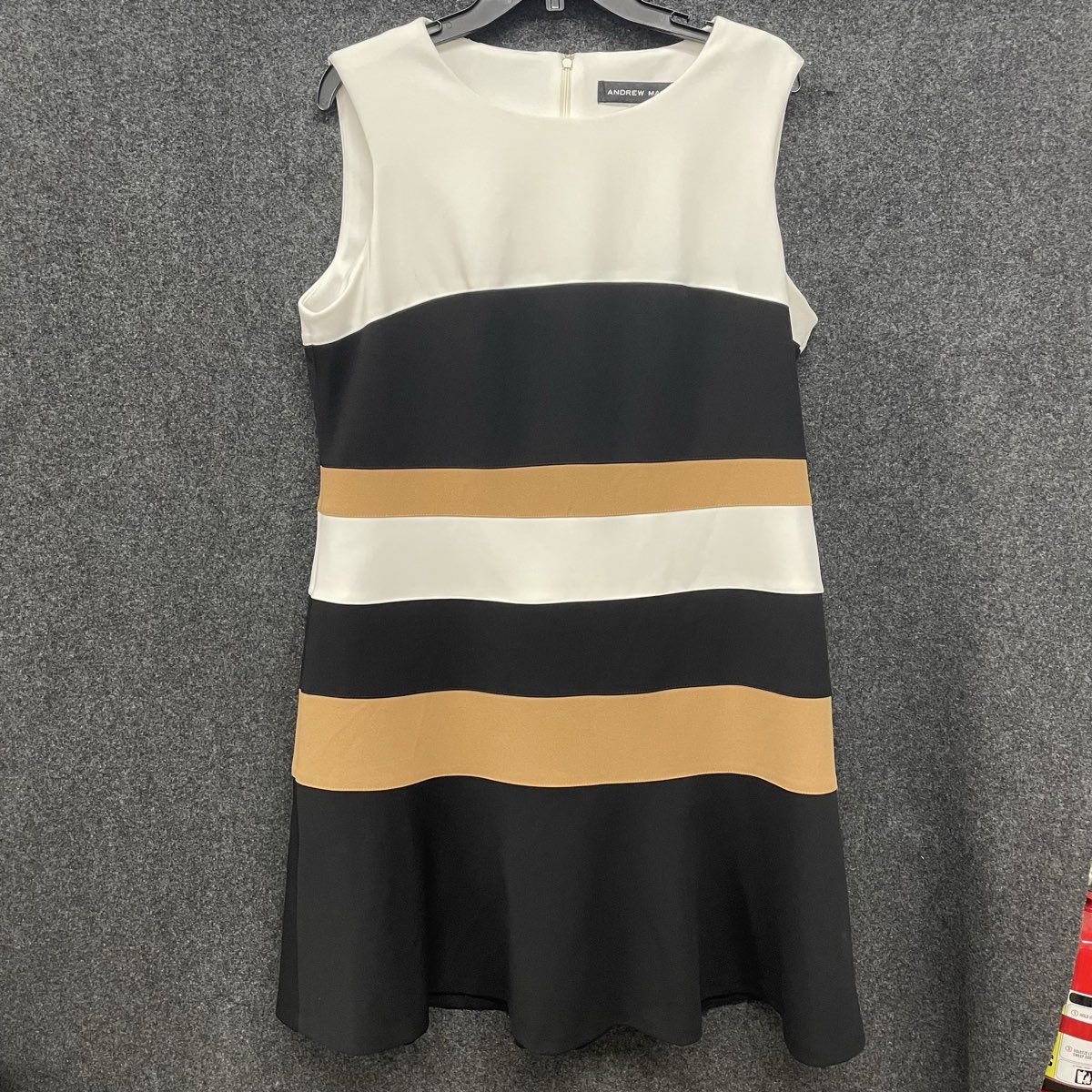Andrew Marc Women's Dress Black White Tan Colorblock Striped Sleeveless Sz 16