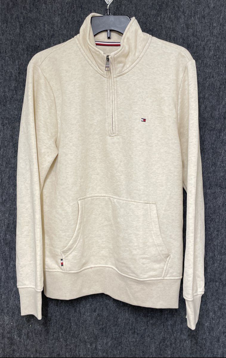 Tommy Hilfiger Men's Cream Quarter Zip Pullover Sweatshirt Kangaroo Pocket Sz S