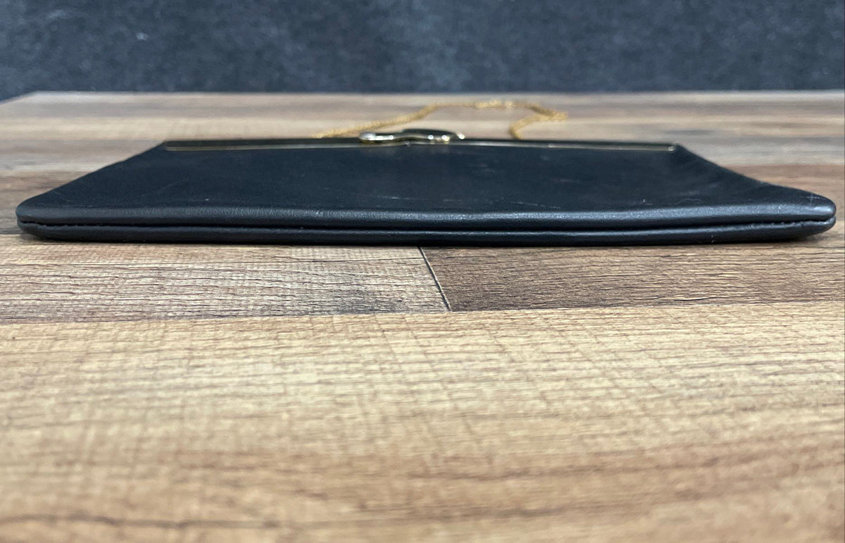 Vintage 1960s Etra Black Leather Slim Frame Clutch Shoulder Bag Gold Chain