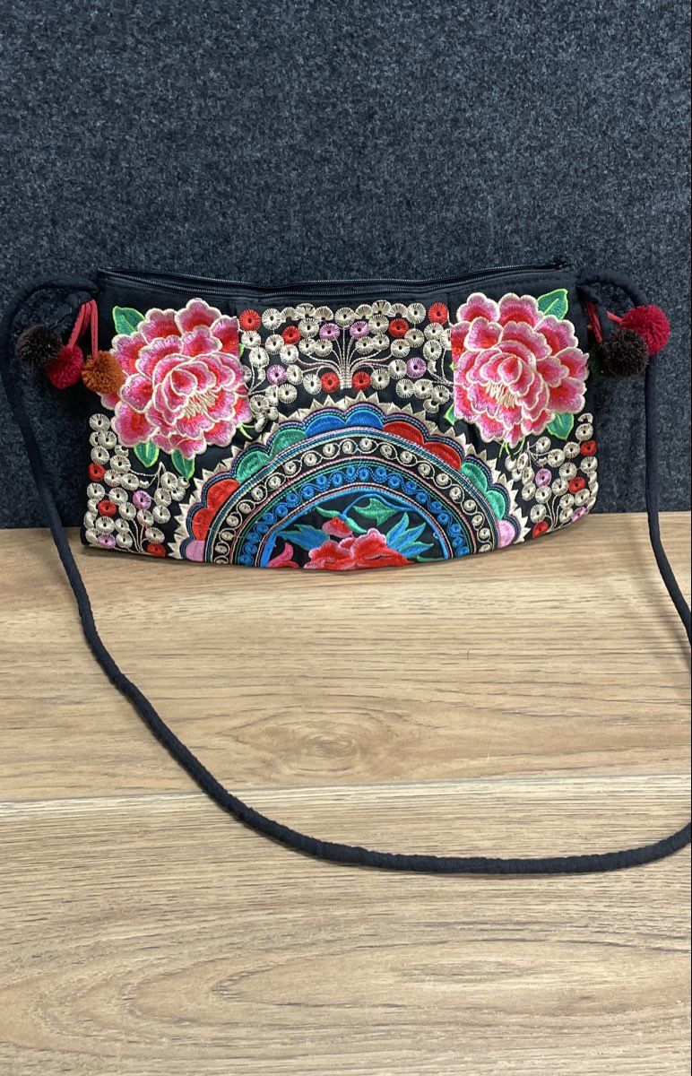 Embroidered Floral Boho Hmong Style Crossbody Shoulder Bag Black Lot of 2