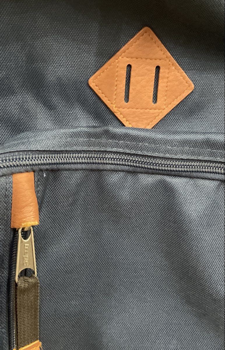 Trans by JanSport Navy Blue Backpack Brown Faux Leather Base Multi-Pocket