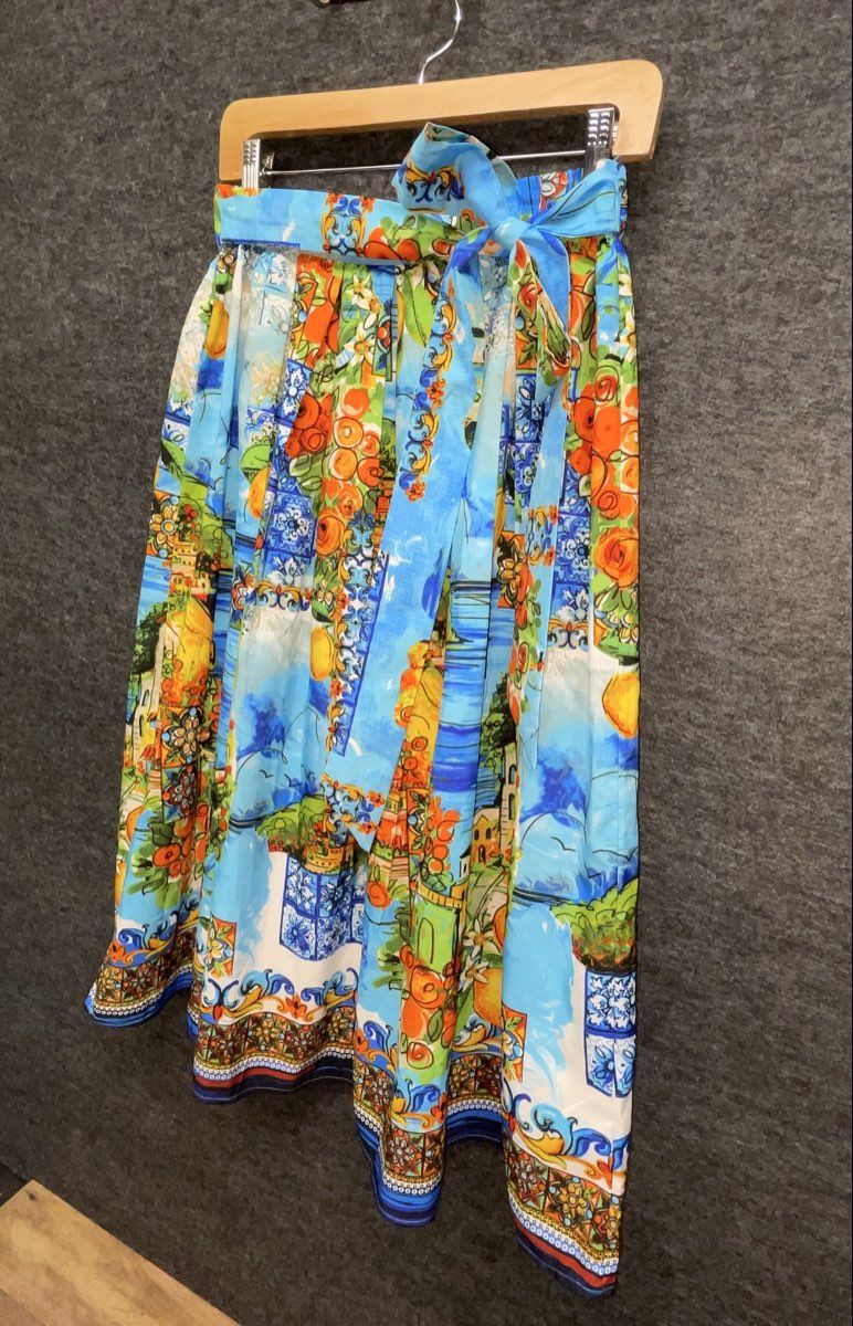 Women's Blue Majolica Mediterranean Lemon Print Pleated Midi Skirt Tie Waist