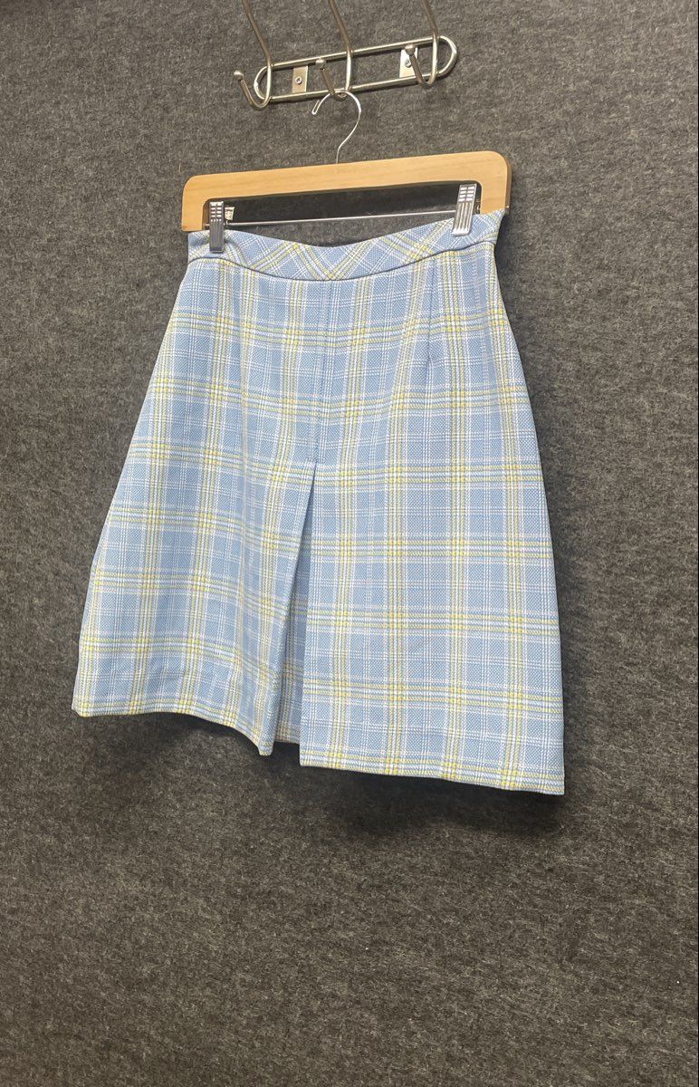 Vintage 70s Sears JR Bazaar Women's Blue Yellow Plaid Pleated Mini Skirt Size 13