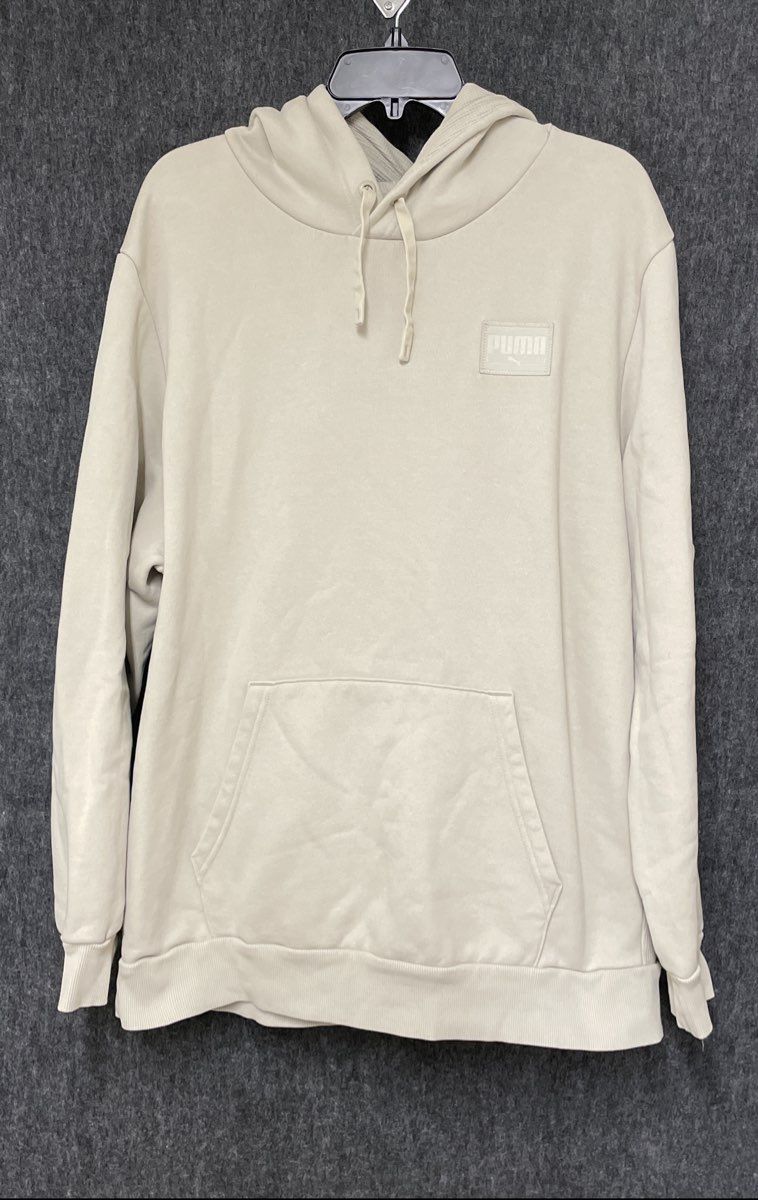 PUMA Men's Fleece Hoodie Beige Cream Tonal Logo Patch Front Pocket Sz XXL