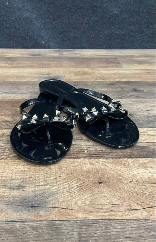 Le Chateau Black Studded Bow Jelly Thong Sandals Women's Size EU 39