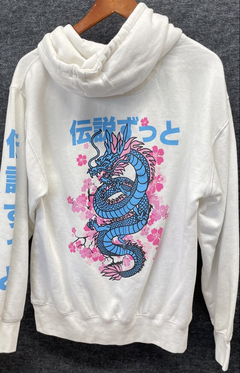 Smart Blanks Men's White Legend Forever Blue Dragon Japanese Graphic Hoodie Sz M
