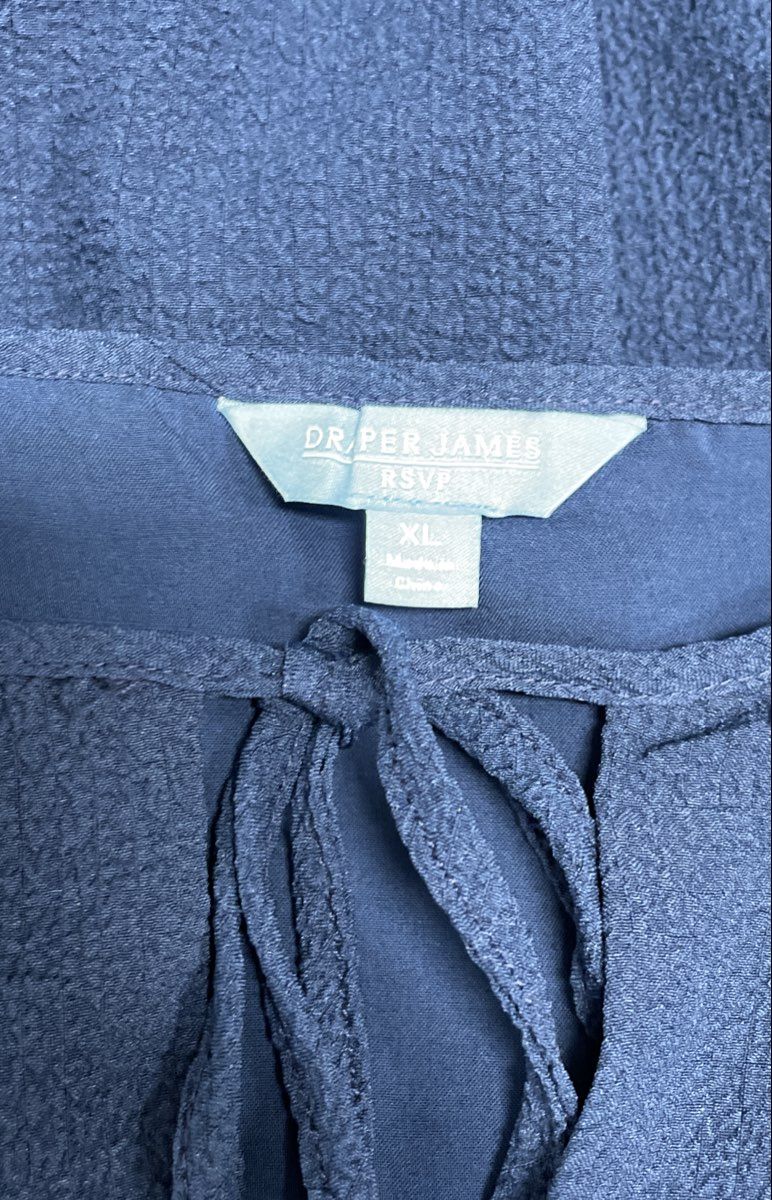 Draper James Women's Navy RSVP Puff Sleeve Tie Neck Ruffle Tiered Dress Sz XL