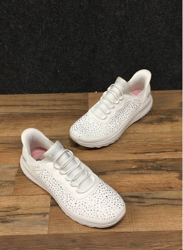 Skechers Hands Free Slip-ins BOBS Sport Squad Chaos White Rhinestone Sz 11