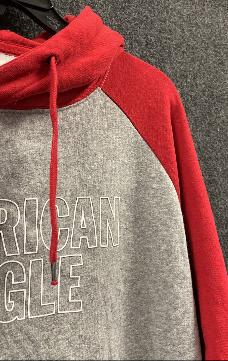 American Eagle Men's Gray Red Raglan Logo Super Soft Pullover Hoodie Sz L
