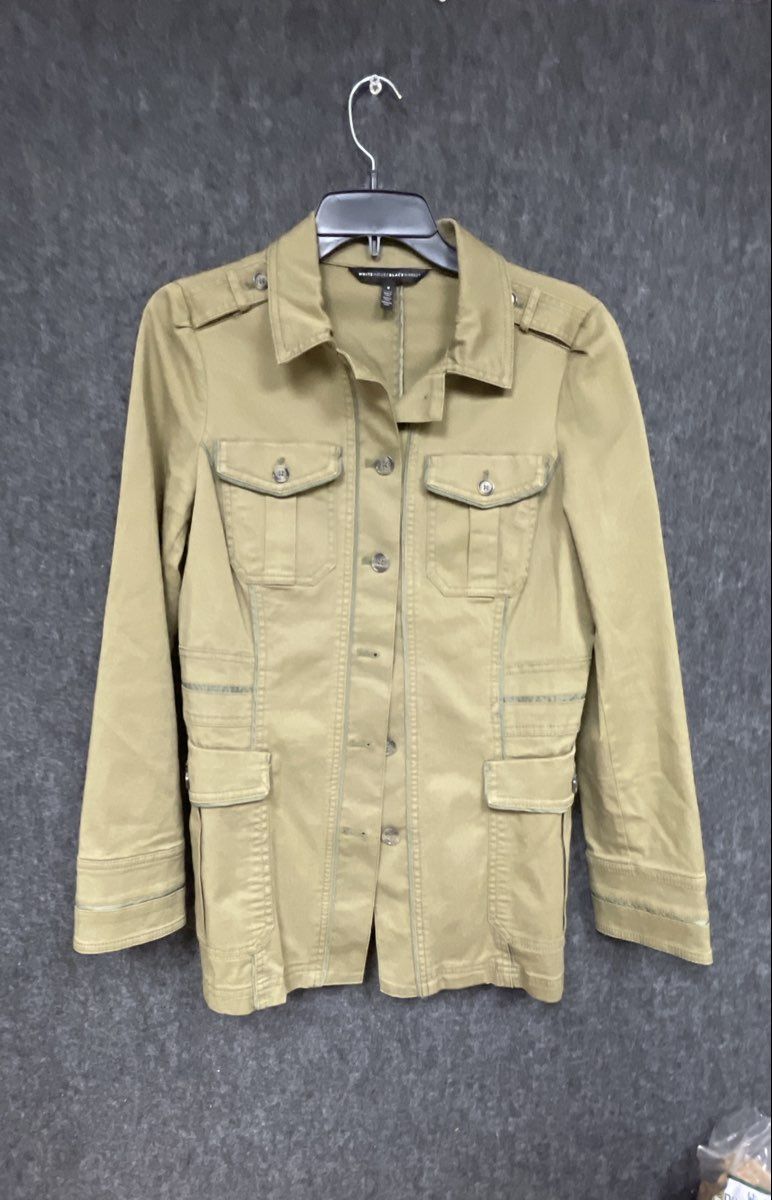 White House Black Market Women's Khaki Utility Military Jacket Button Front Sz 8