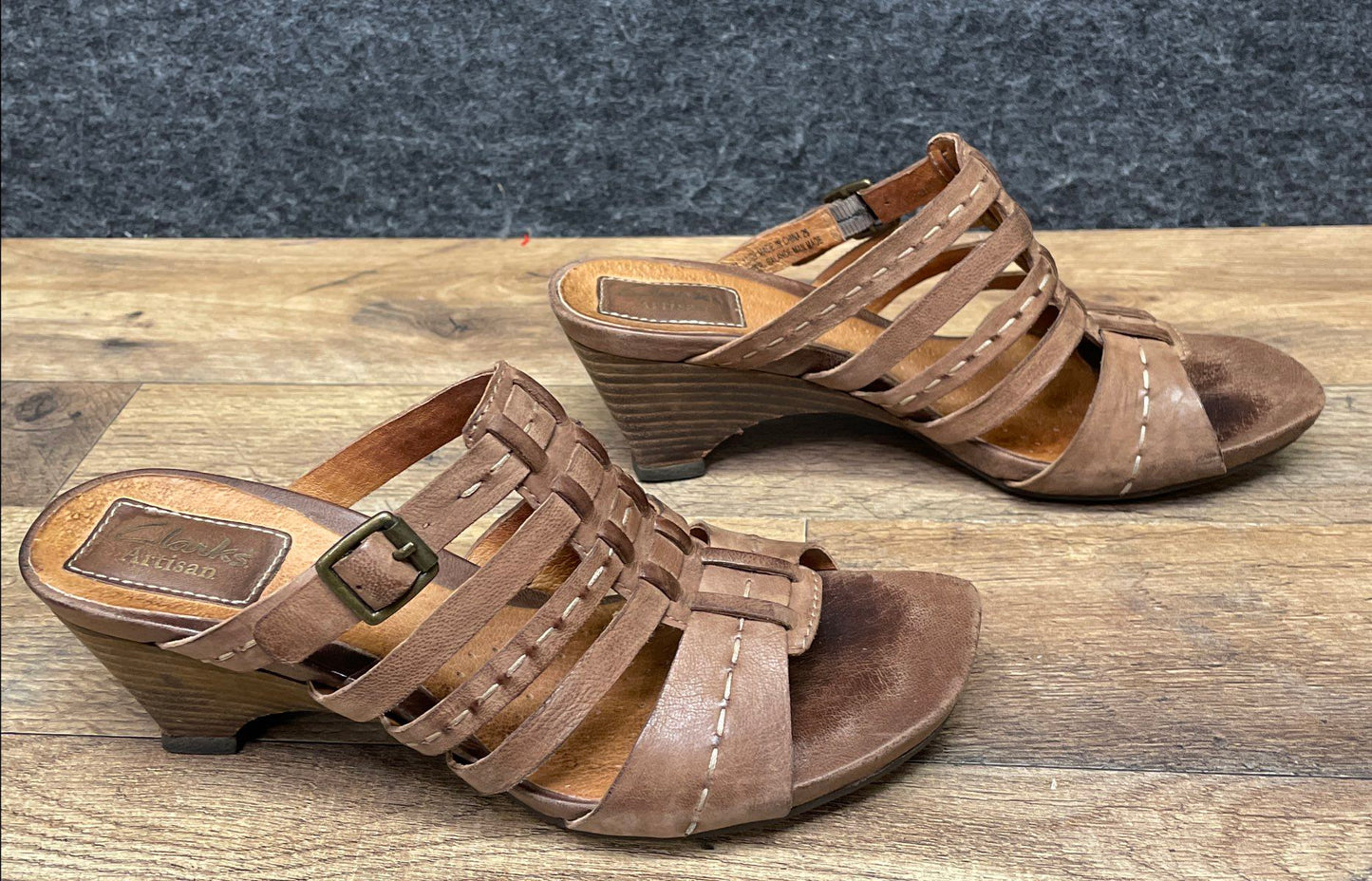 Clarks Artisan Brown Leather Strappy Wedge Sandals Mules Women's Size 7M