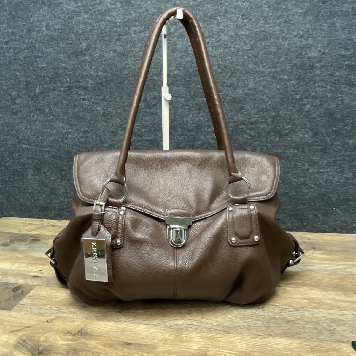 Kristy K Brown Pebbled Leather Satchel Shoulder Bag Silver Hardware