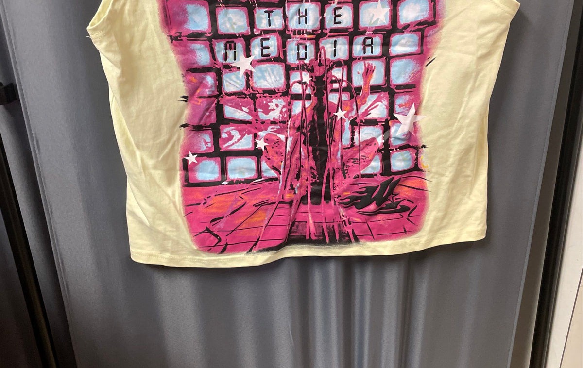 Watson Studios Men's Cream Chiffon Sleeveless Shirt Rhinestone Graphic Sz L