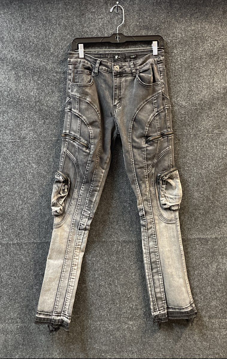 Waimea Boys' Black Acid Wash Multi-Zipper Moto Stacked Fit Cargo Jeans Size 18
