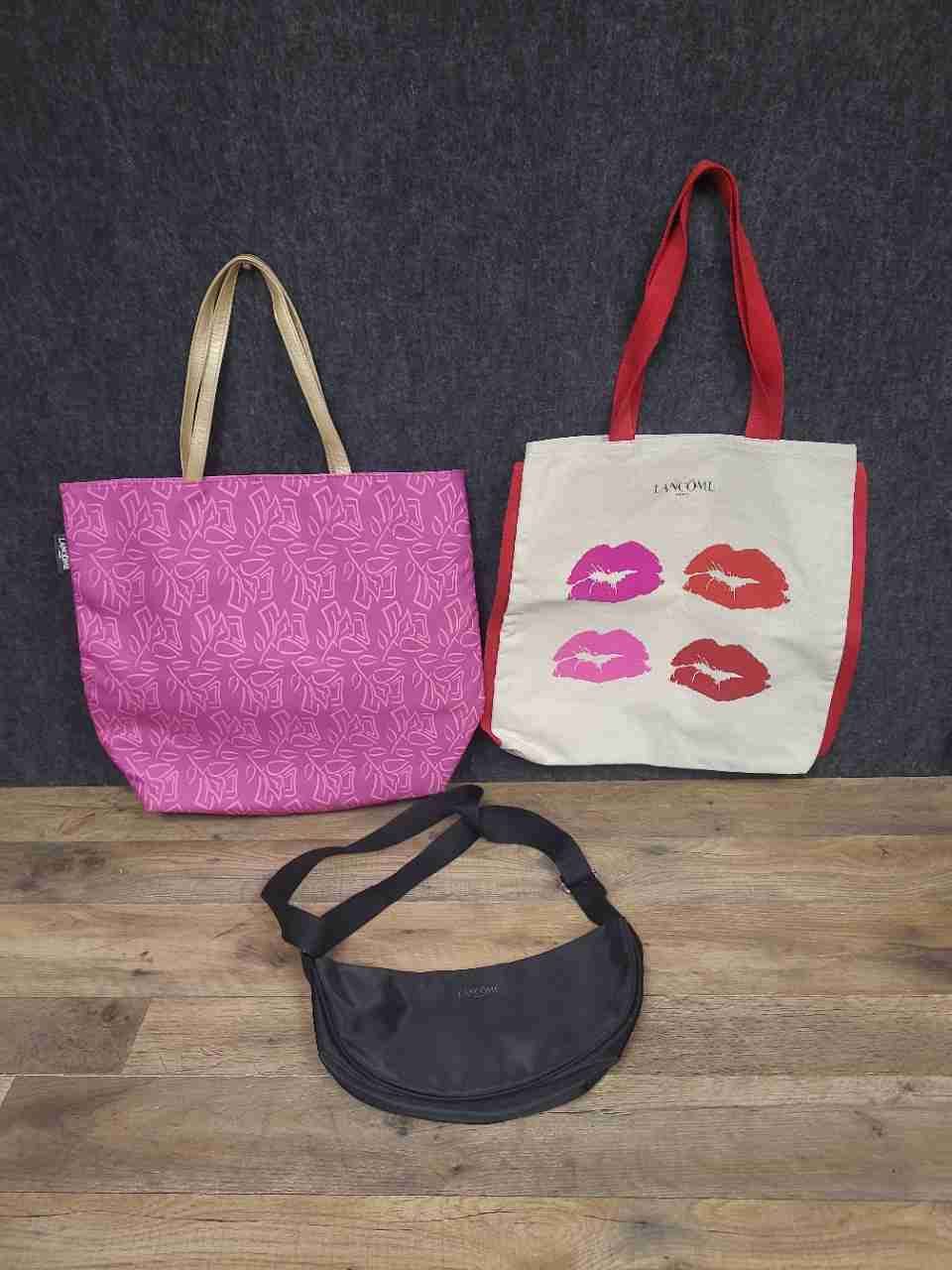 Lancome Tote Handbag Crossbody Pink Floral Lip Print Black Lot of 3