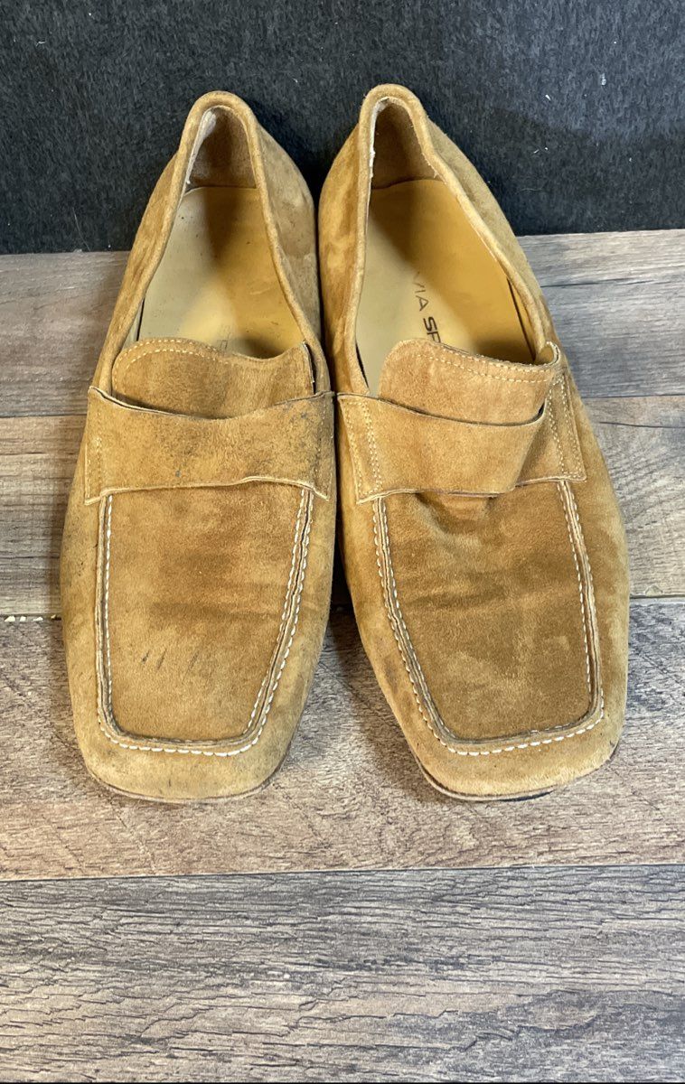 Via Spiga Tan Suede Square Toe Penny Loafers Made in Italy Size 10.5