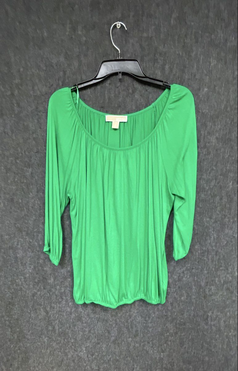 Michael Michael Kors Women's Green Scoop Neck 3/4 Sleeve Bubble Hem Blouse Sz S