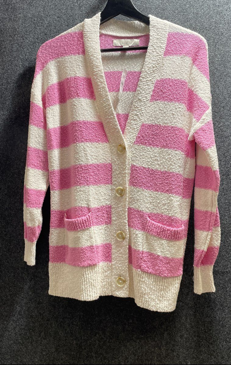 Loft Women's Striped Pink White Cotton Cardigan Sweater Button Front Sz XS NWT