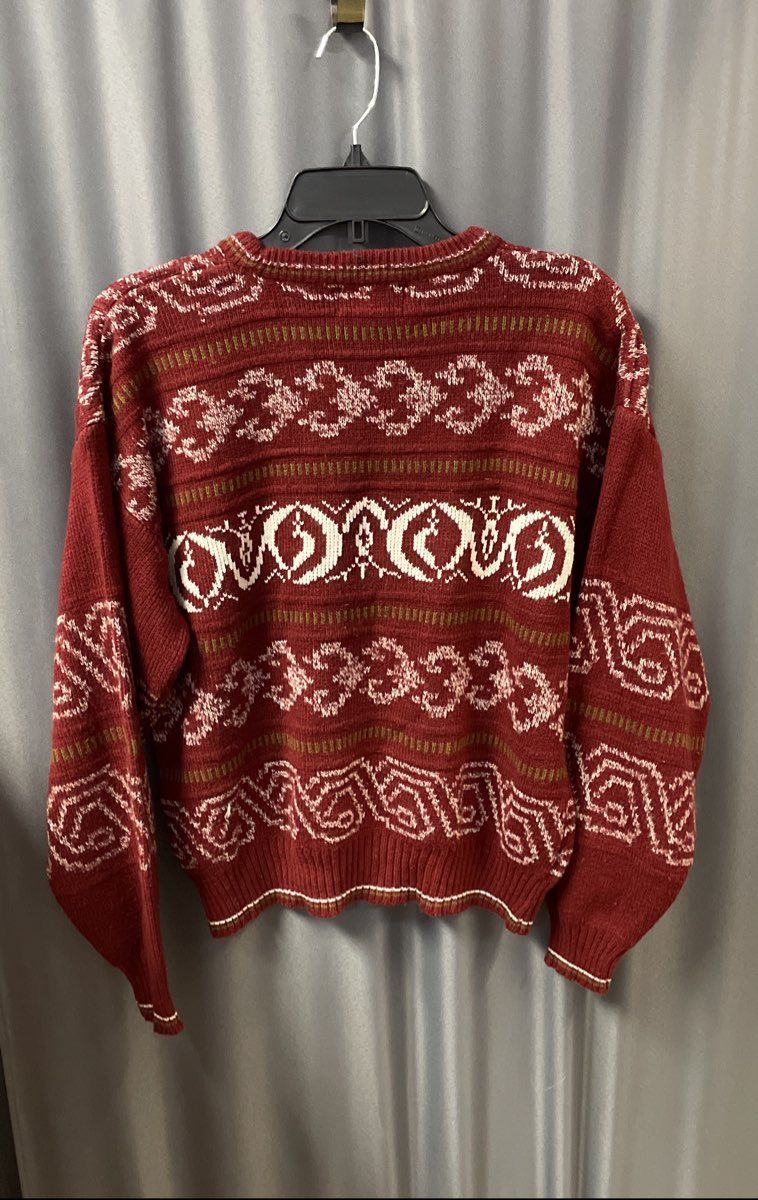 Vintage 90s Todays News Geometric Fair Isle Knit Burgundy Sweater Sz M