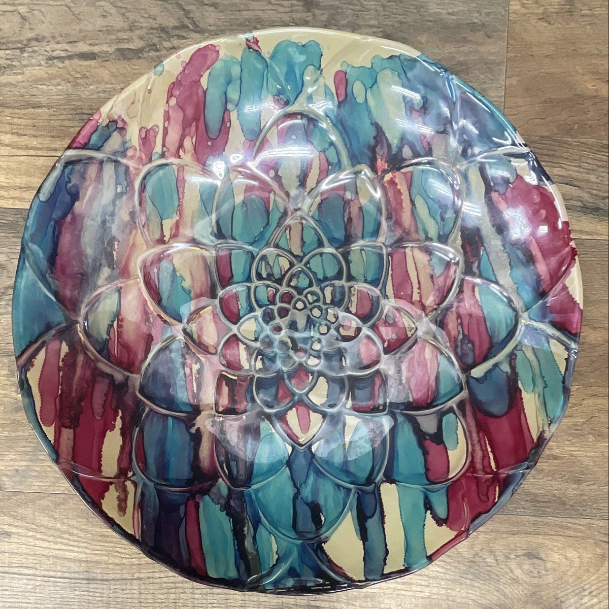 Art Glass Centerpiece Bowl Embossed Dahlia Flower Blue Pink Multicolor 15.5" Vtg