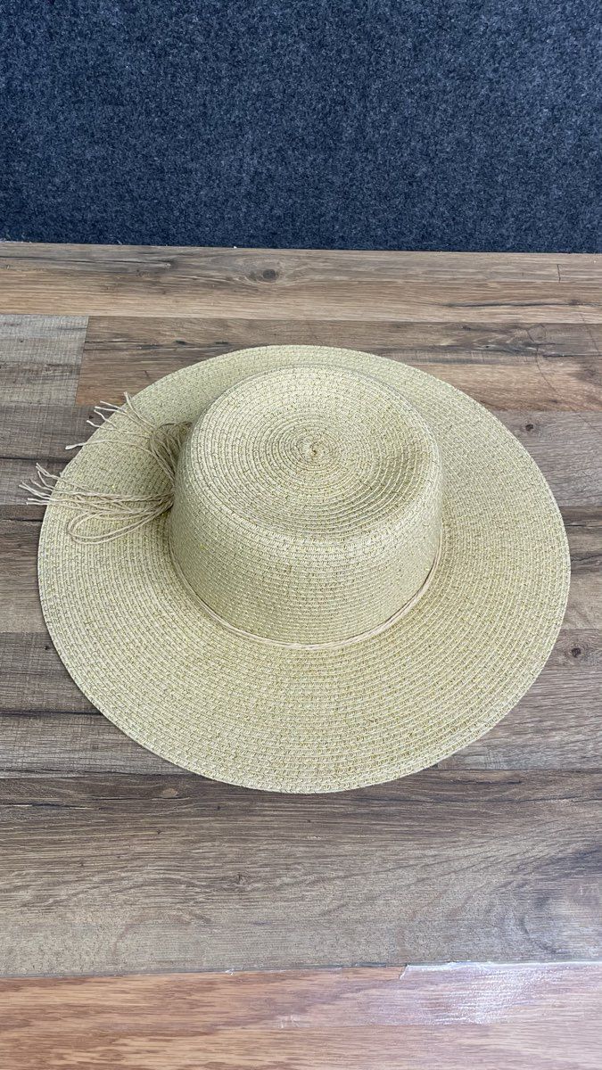 Fair Weather Women's Wide Brim Sun Hat Tan Gold Metallic Straw Boater One Size