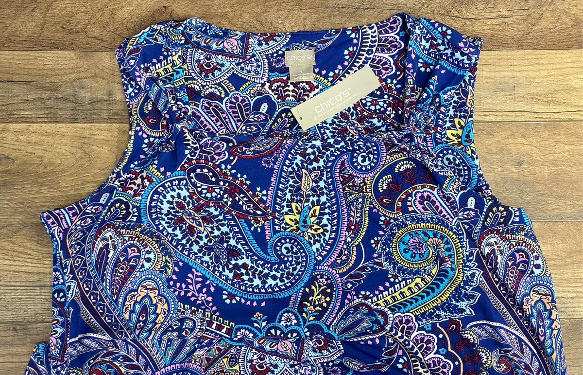 Chico's Women's Blue Colorful Paisley Sleeveless Midi Dress Stretch Sz 3 NWT