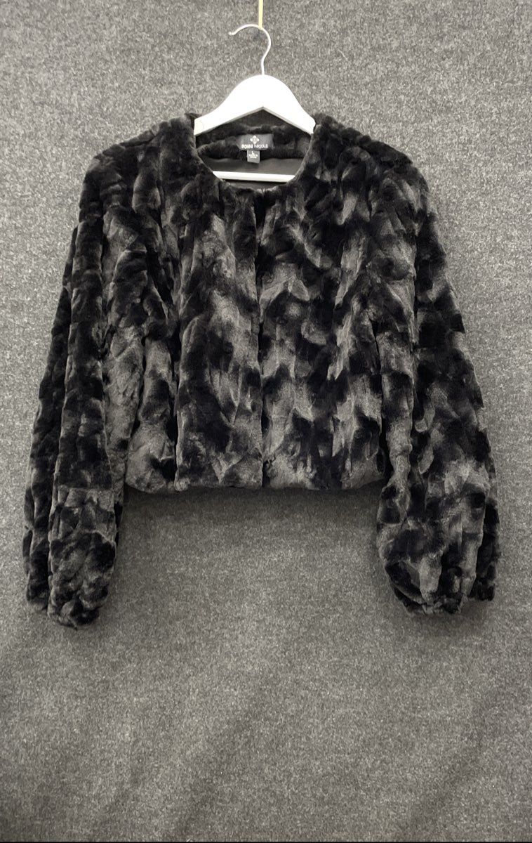 Ronni Nicole Women's Black Swirl Textured Faux Fur Cropped Jacket Sz L